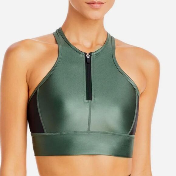Ladies All Access Shimmer Zipper Front Sports Bra Green Size XS - Picture 1 of 9